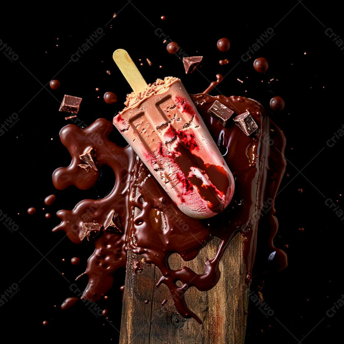 Picolé de chocolate e morango derretido