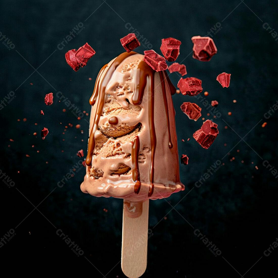 Picolé de chocolate derretido com pedaços de chocolate