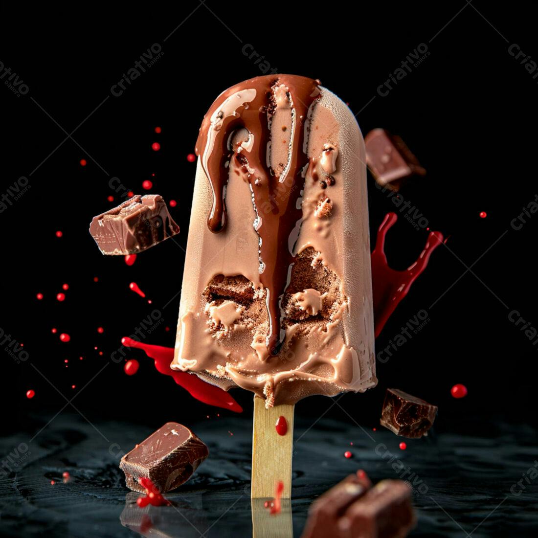 Sorvete de chocolate com calda e pedaços de chocolate