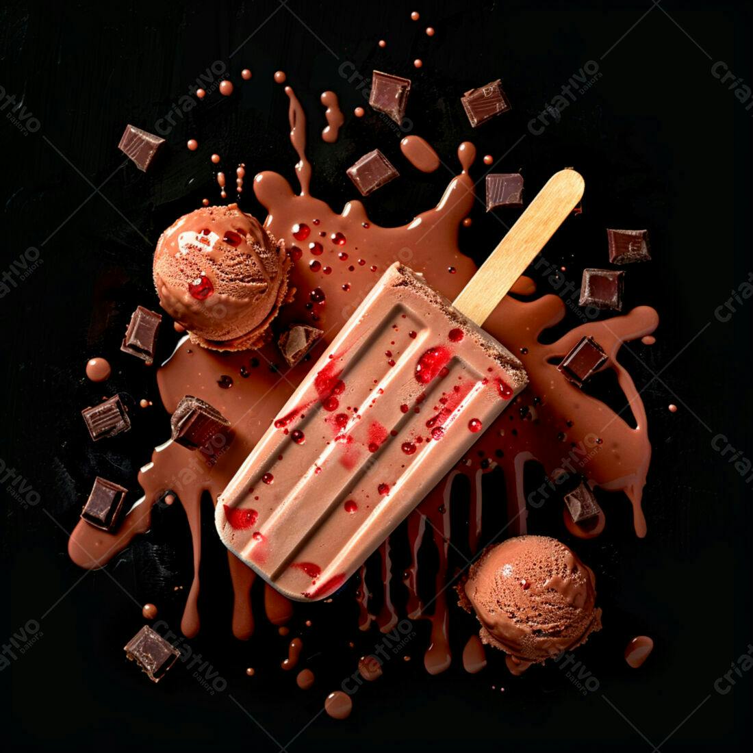 Picolé de chocolate com calda e sorvete