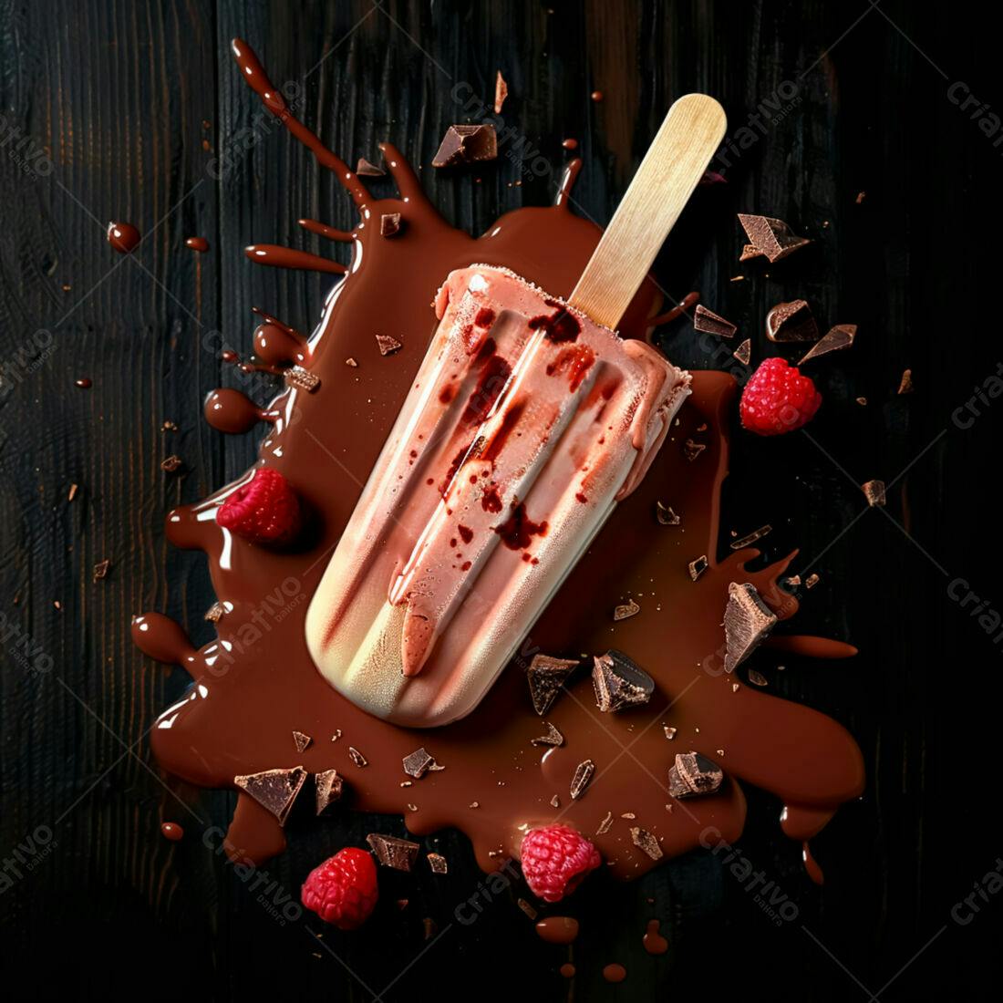 Picolé de chocolate e framboesa derretido