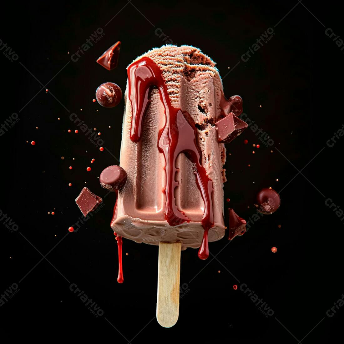 Picolé de chocolate derretido com pedaços de chocolate