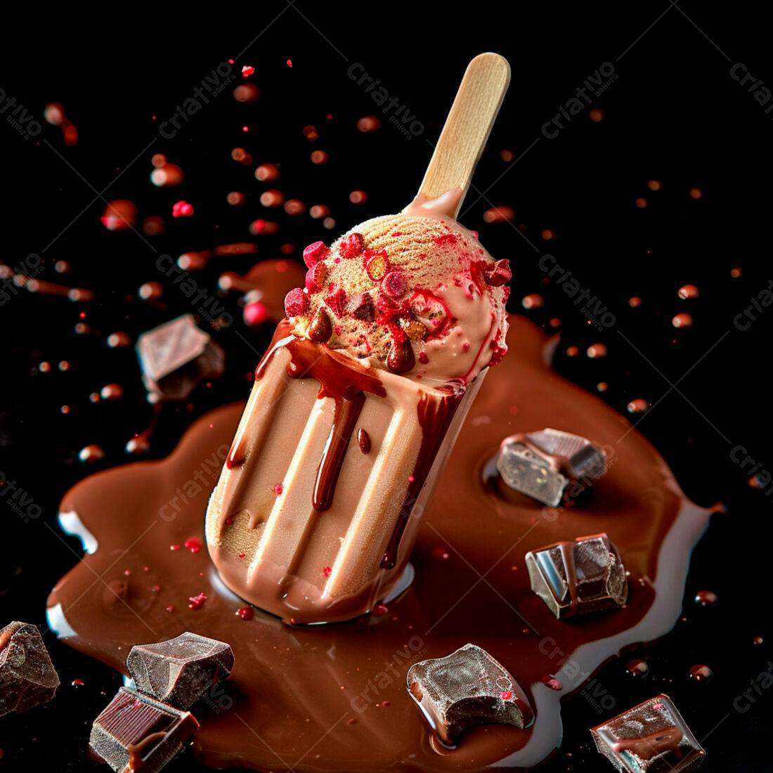 Sorvete de chocolate com pedaços de chocolate e framboesa