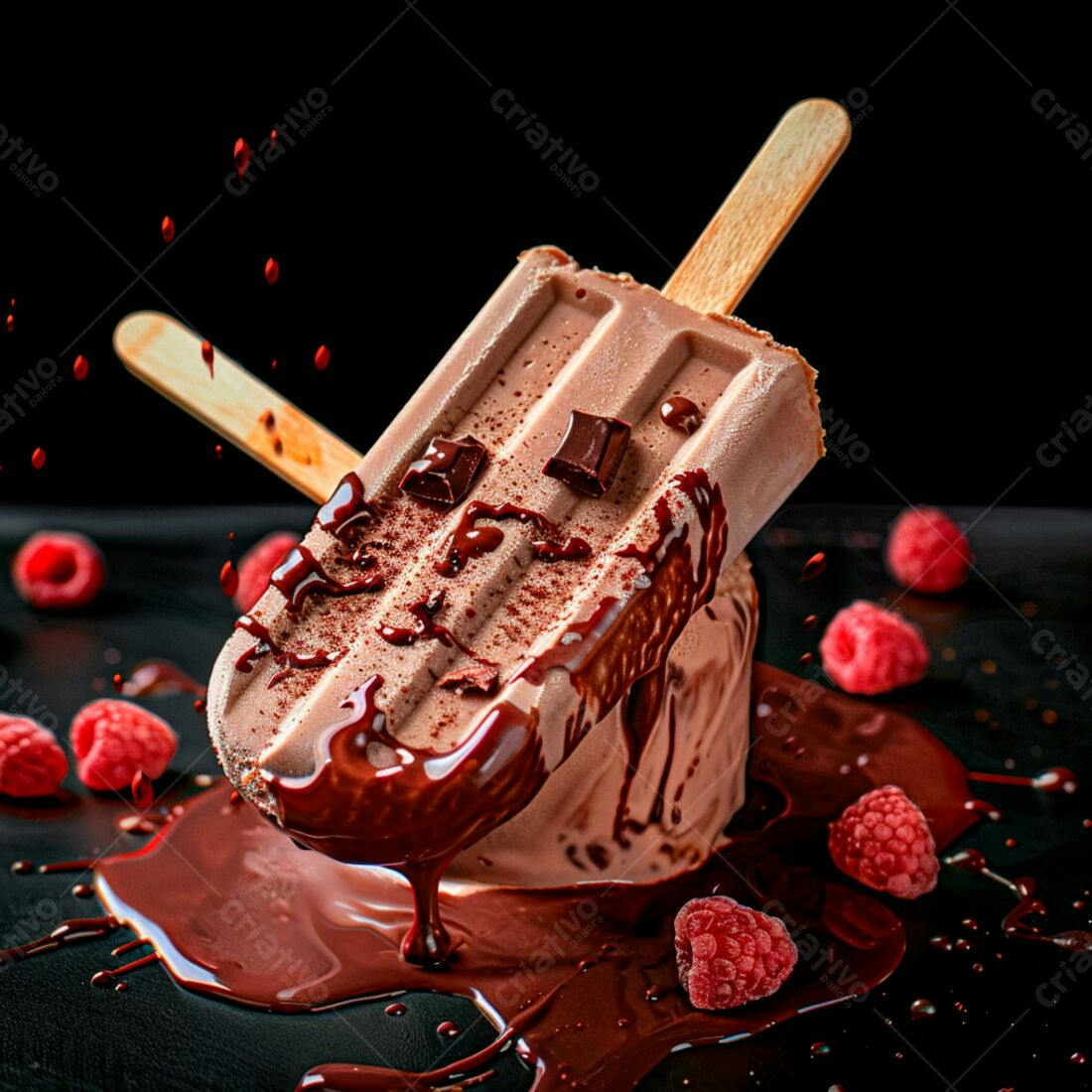 Picolé de chocolate derretido com framboesas