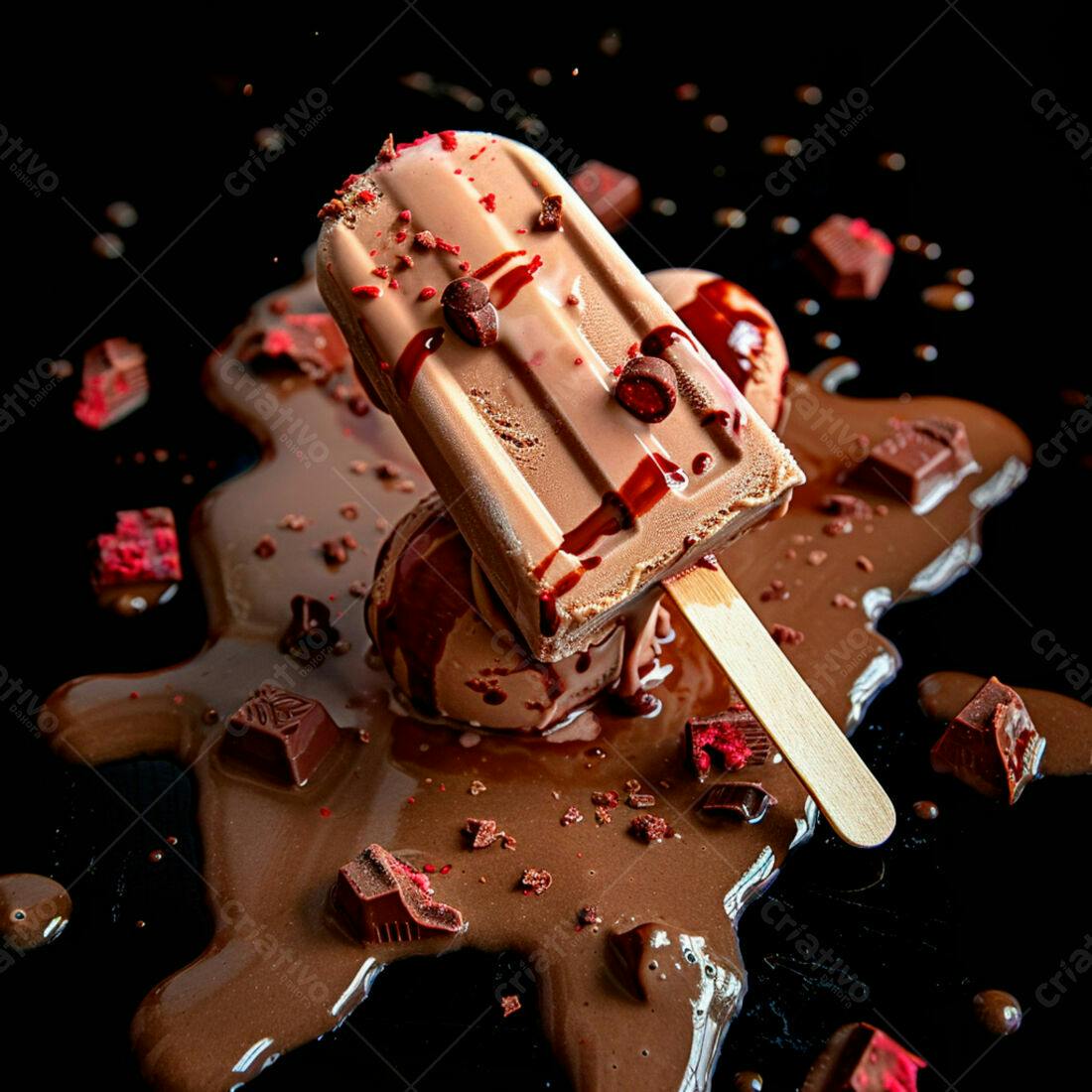 Picolé de chocolate derretendo com pedaços de chocolate