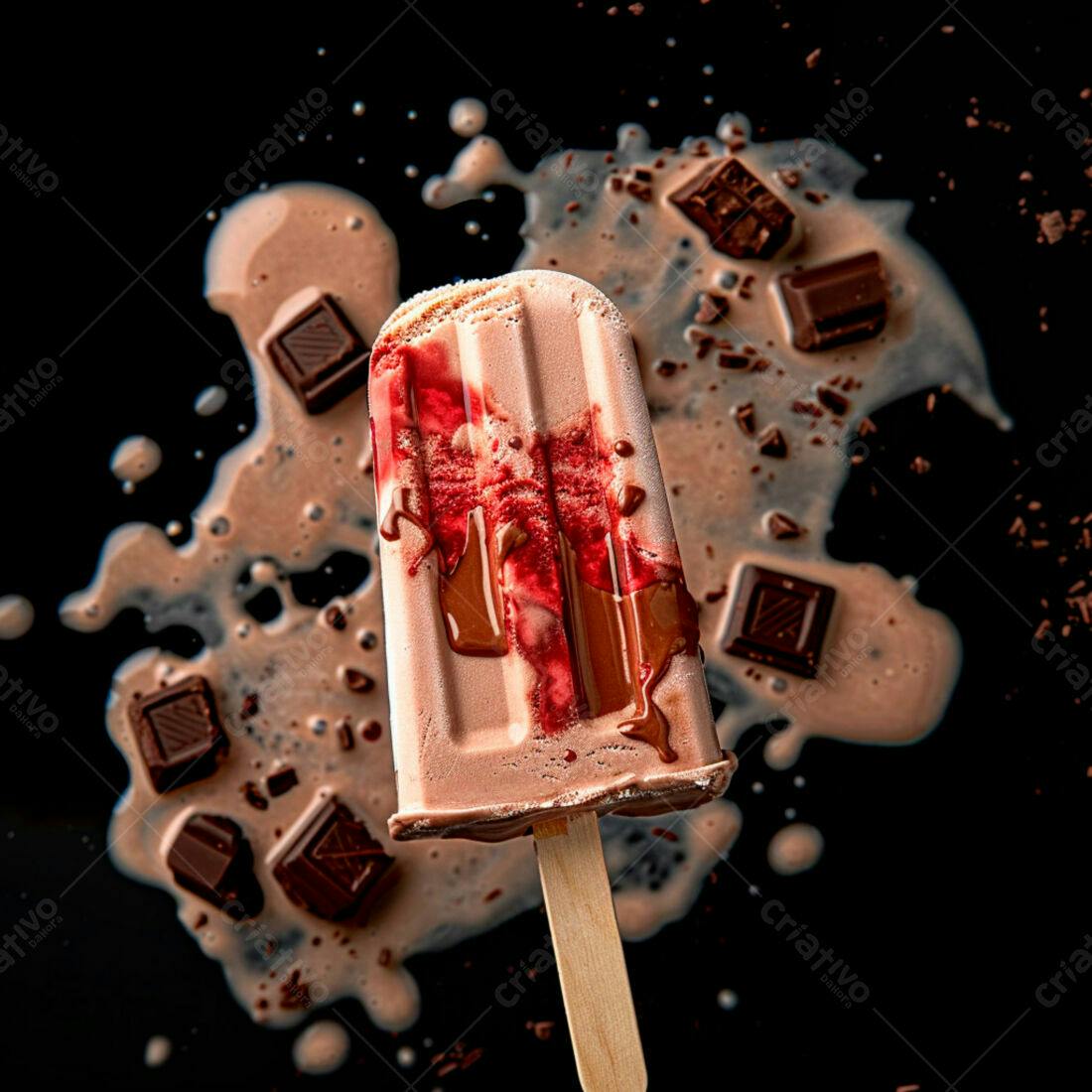 Picolé de chocolate derretido com calda de morango