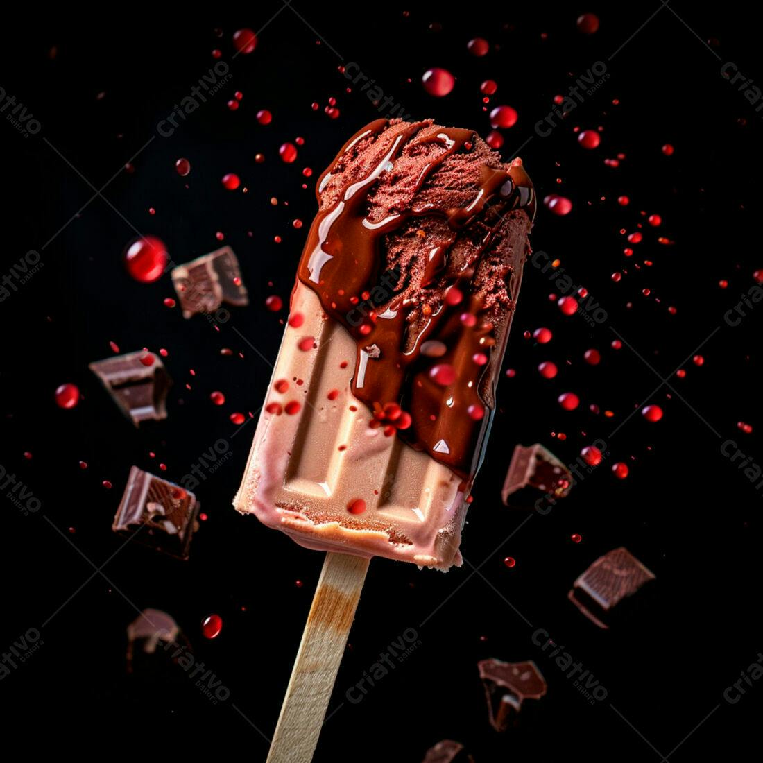 Picolé de chocolate com calda e pedaços de chocolate