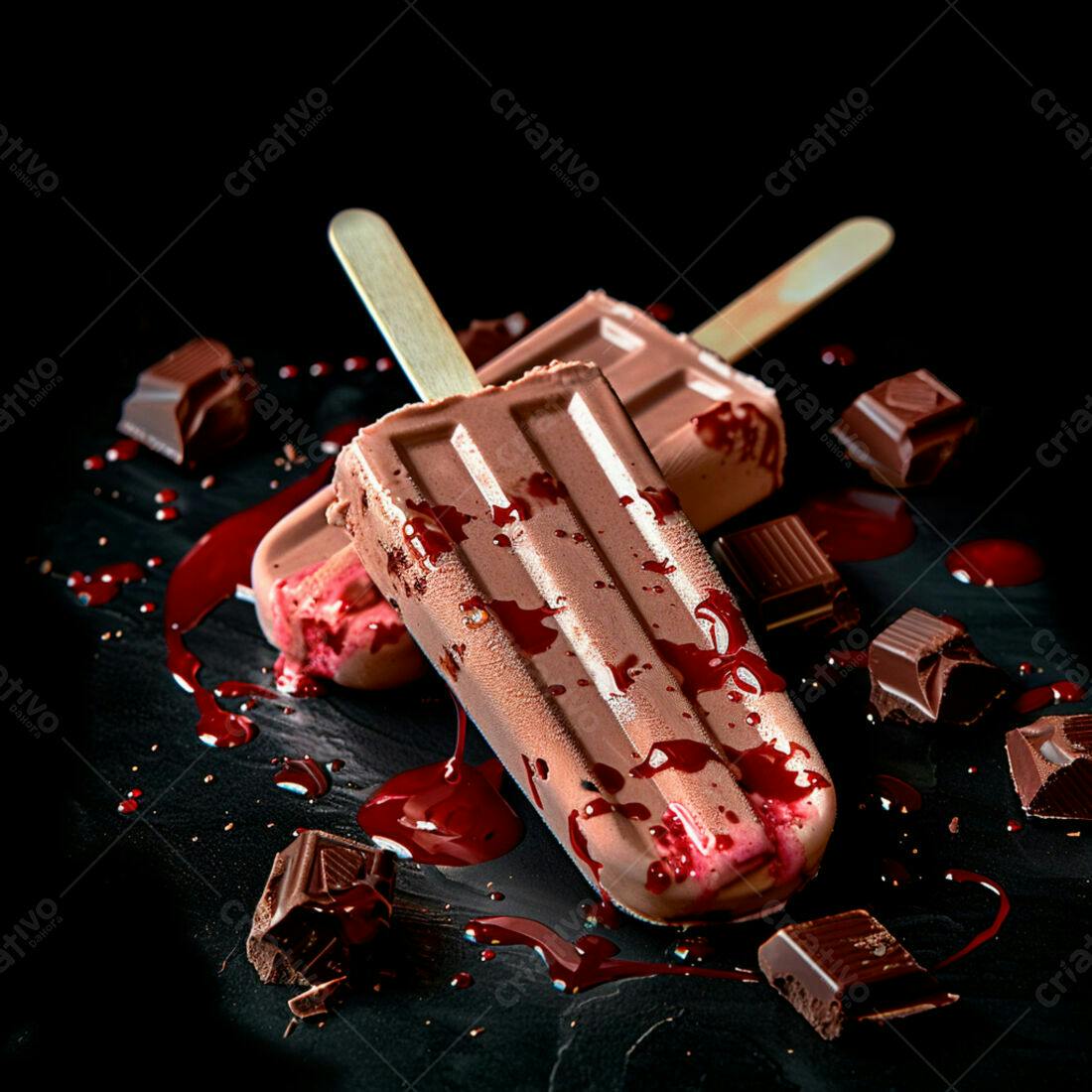 Picolés de chocolate com calda vermelha