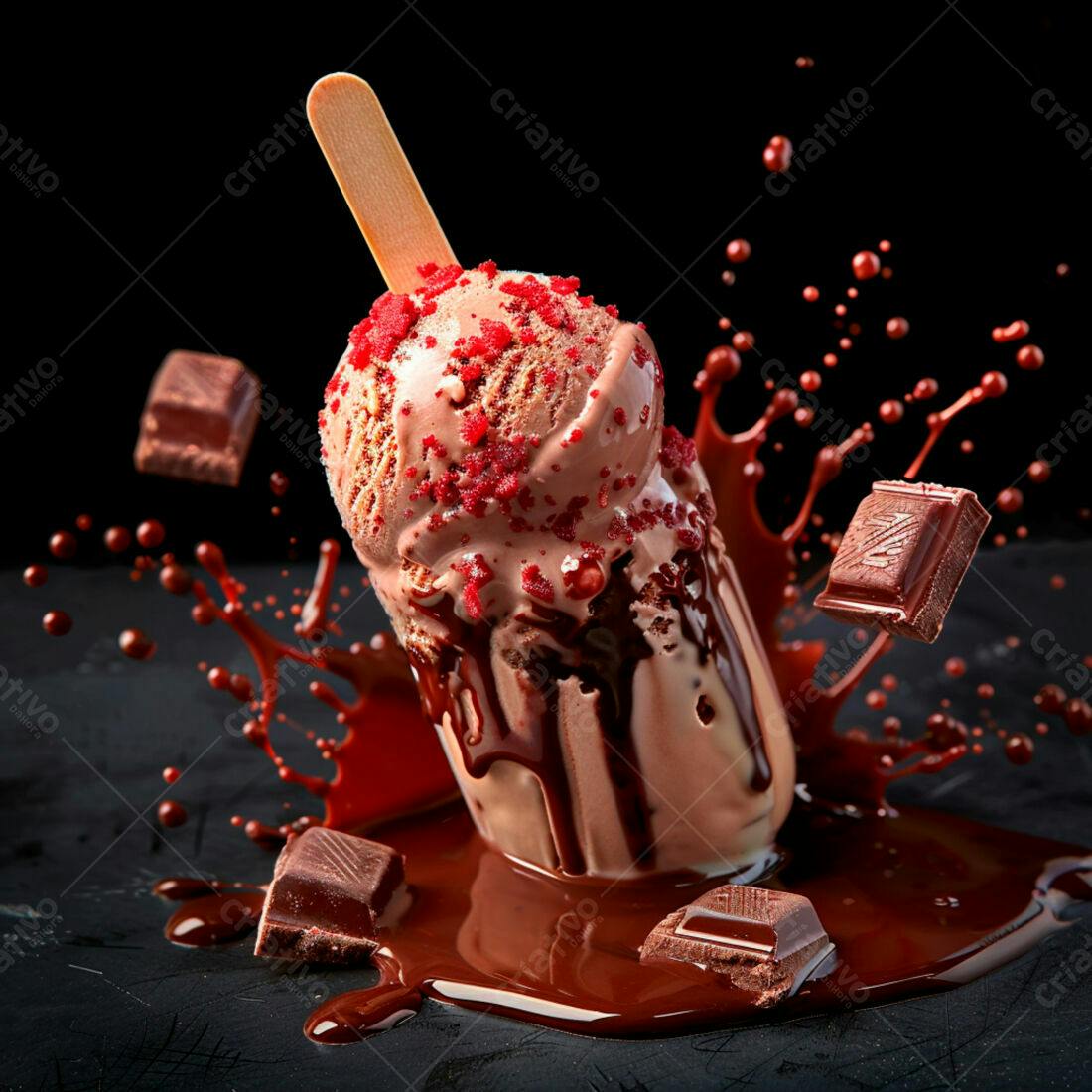 Sorvete de chocolate com calda e pedaços de chocolate