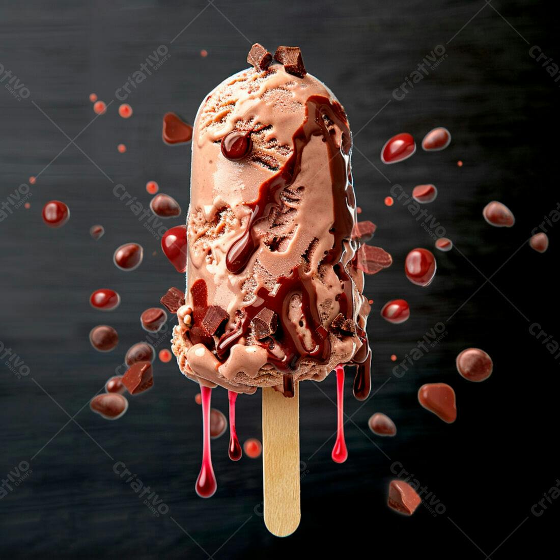 Picolé de chocolate com calda e pedaços
