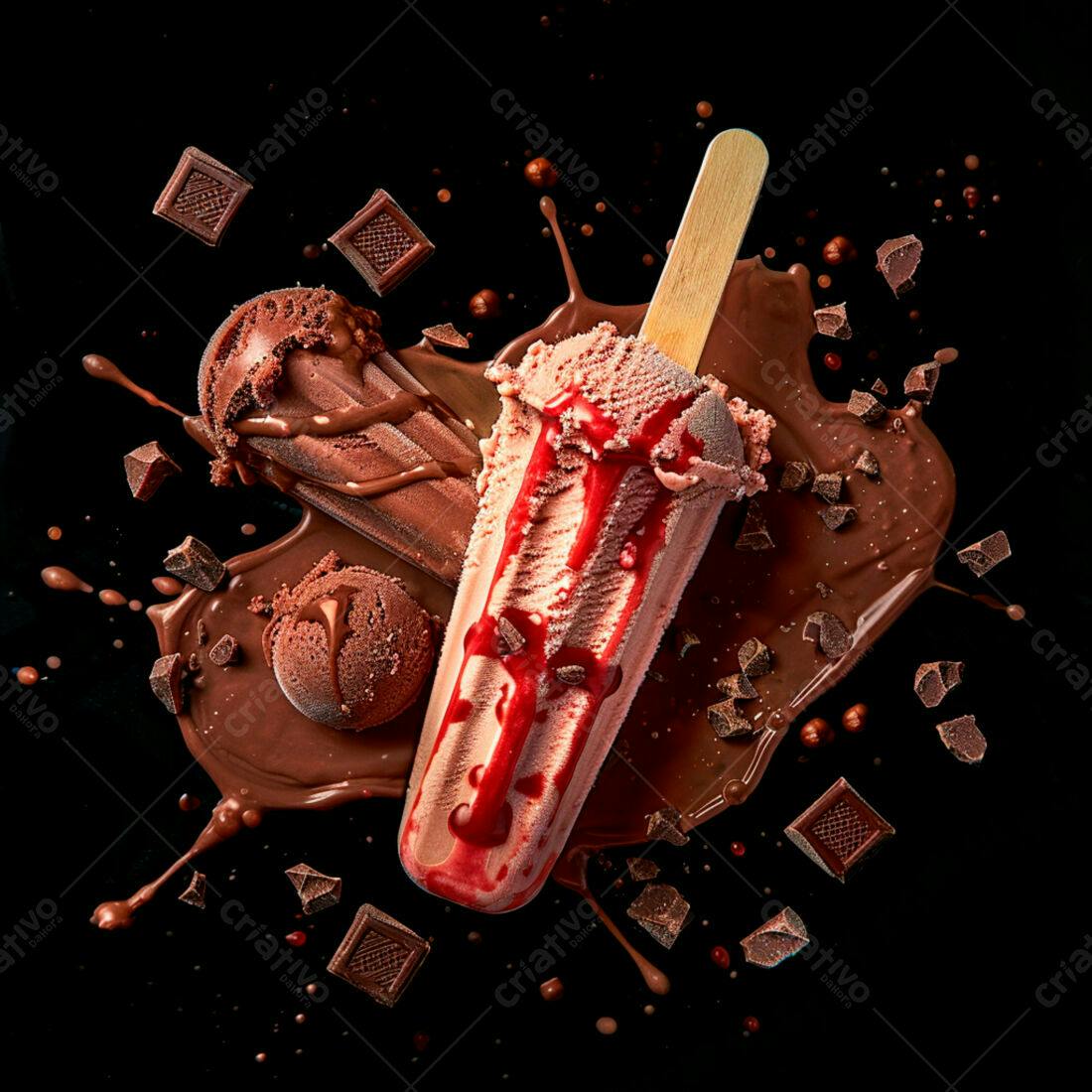 Picolés de chocolate e morango em calda
