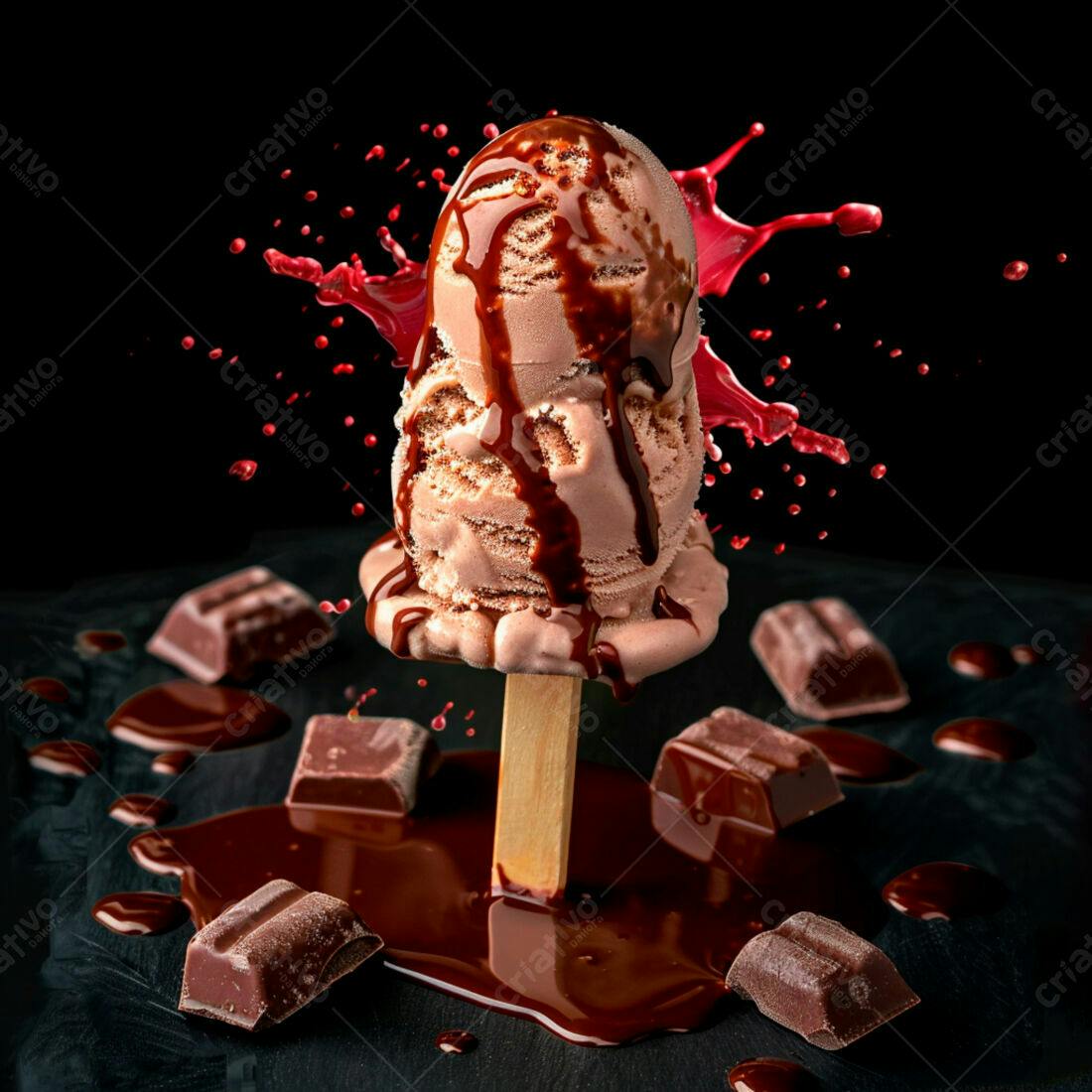 Sorvete de chocolate derretido em palito
