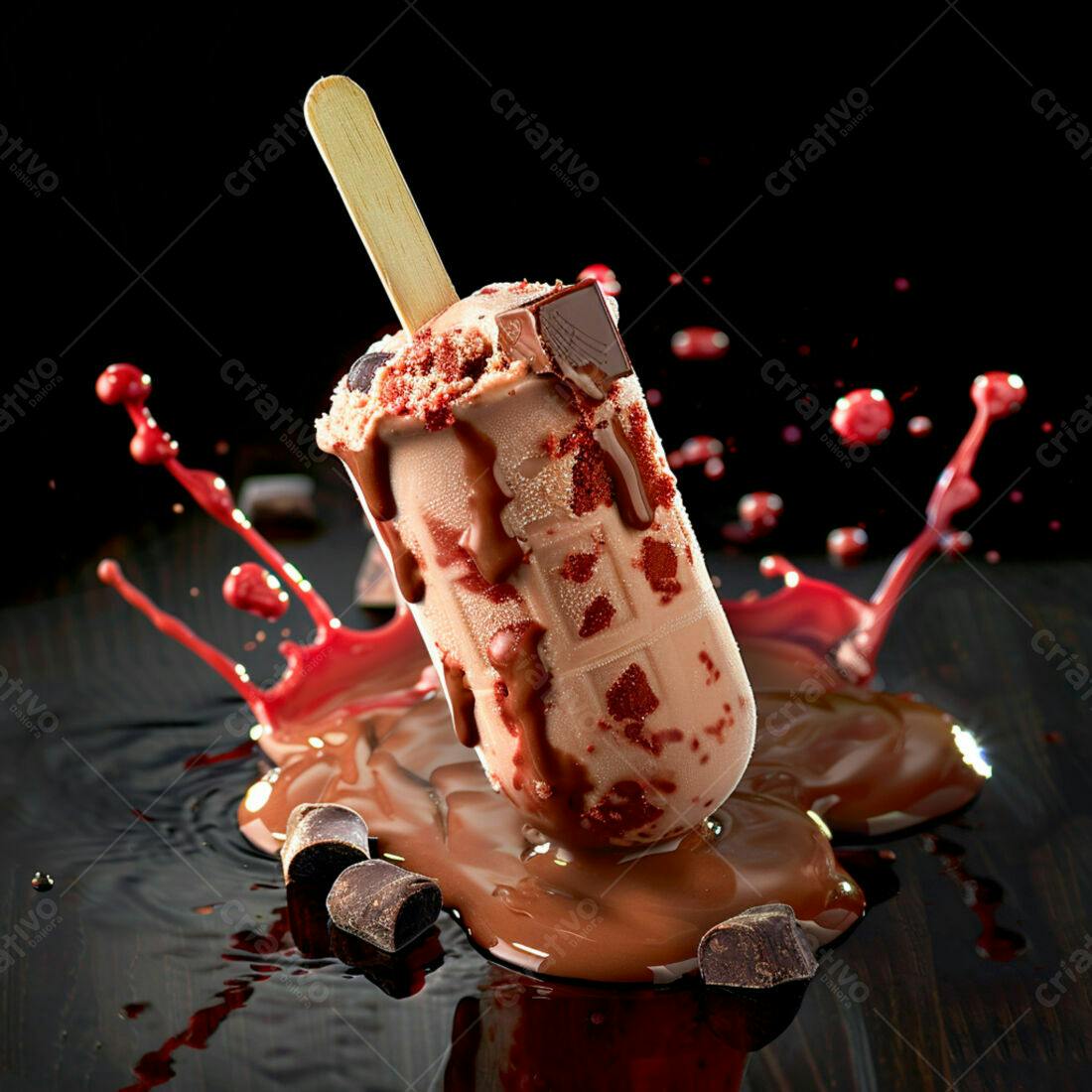 Picolé Red Velvet derretendo em chocolate