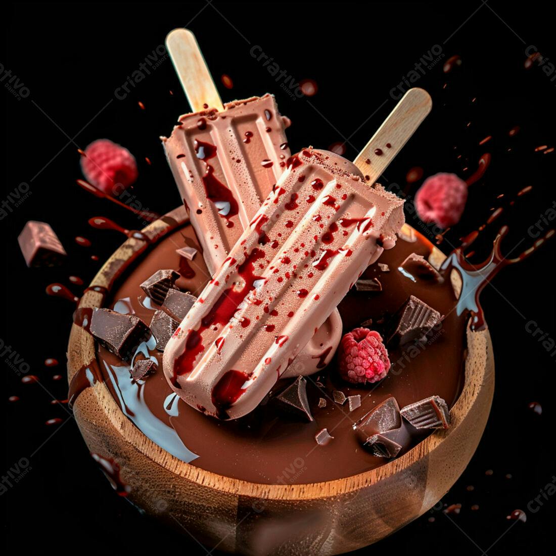 Picolés de chocolate com framboesa em calda