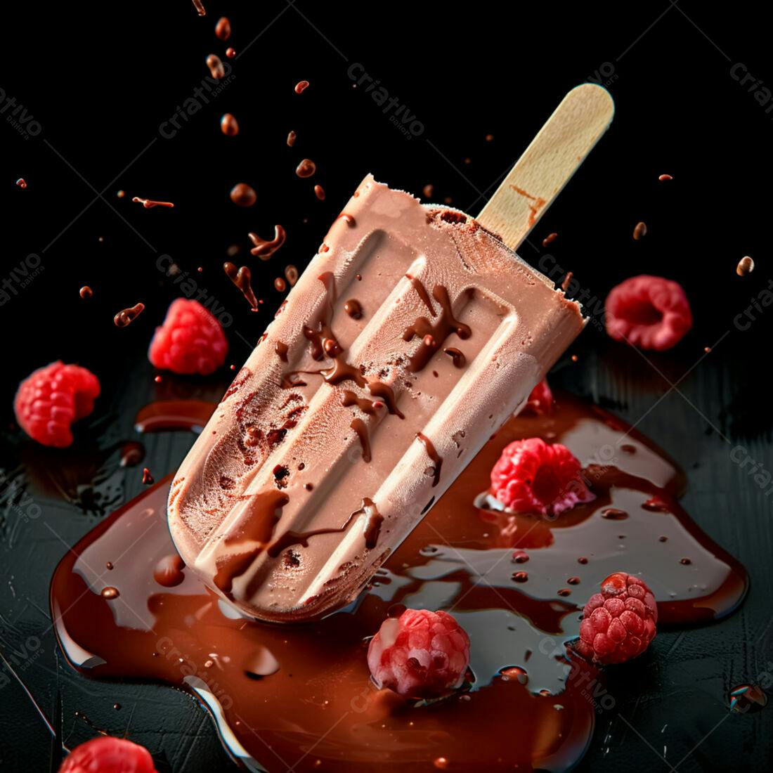 Picolé de chocolate com framboesas derretendo