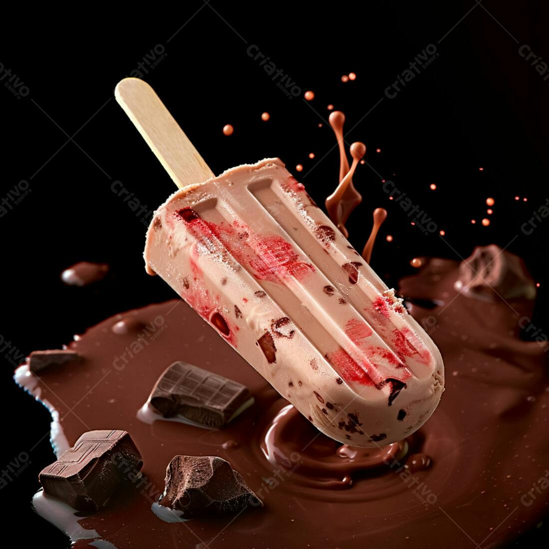 Picolé de chocolate com morango caindo em chocolate derretido
