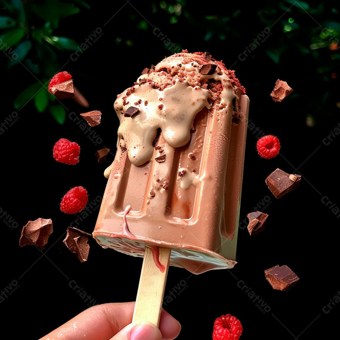 Picolé de chocolate com framboesas e pedaços de chocolate