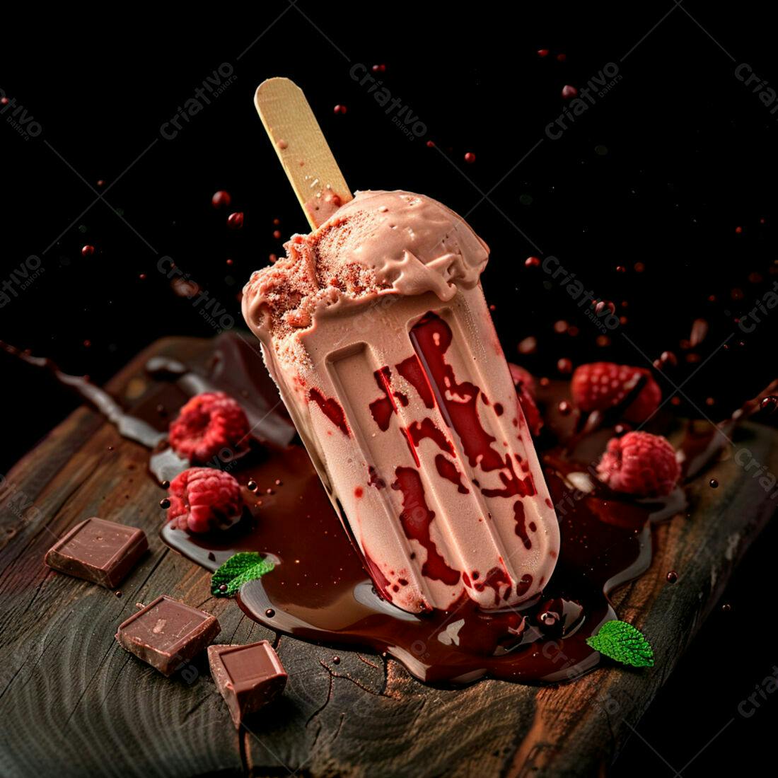 Picolé de framboesa e chocolate derretido