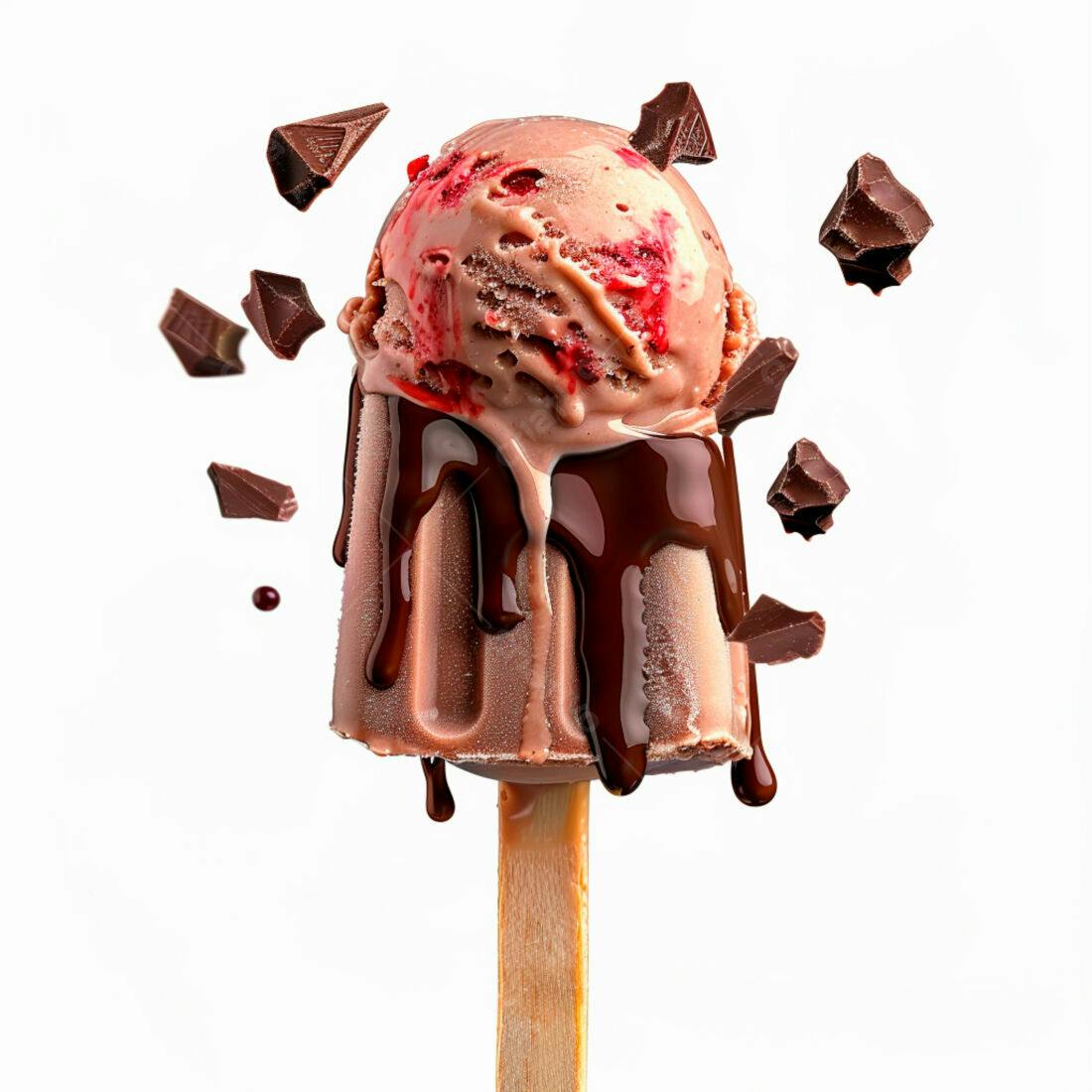 Picolé de chocolate com sorvete e pedaços de chocolate