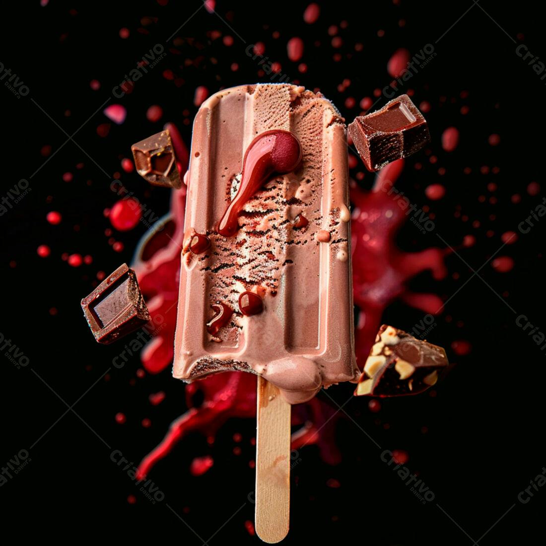 Picolé de chocolate derretendo com pedaços de chocolate