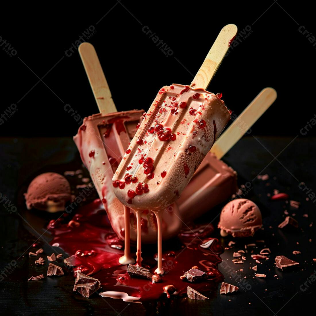 Picolés de chocolate derretendo com calda de frutas vermelhas