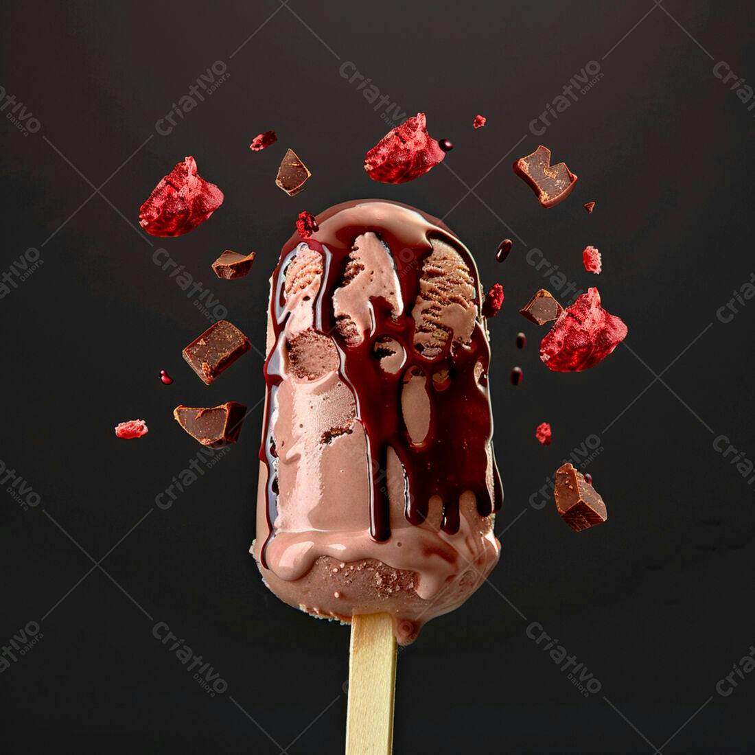 Picolé de chocolate com calda e pedaços de morango