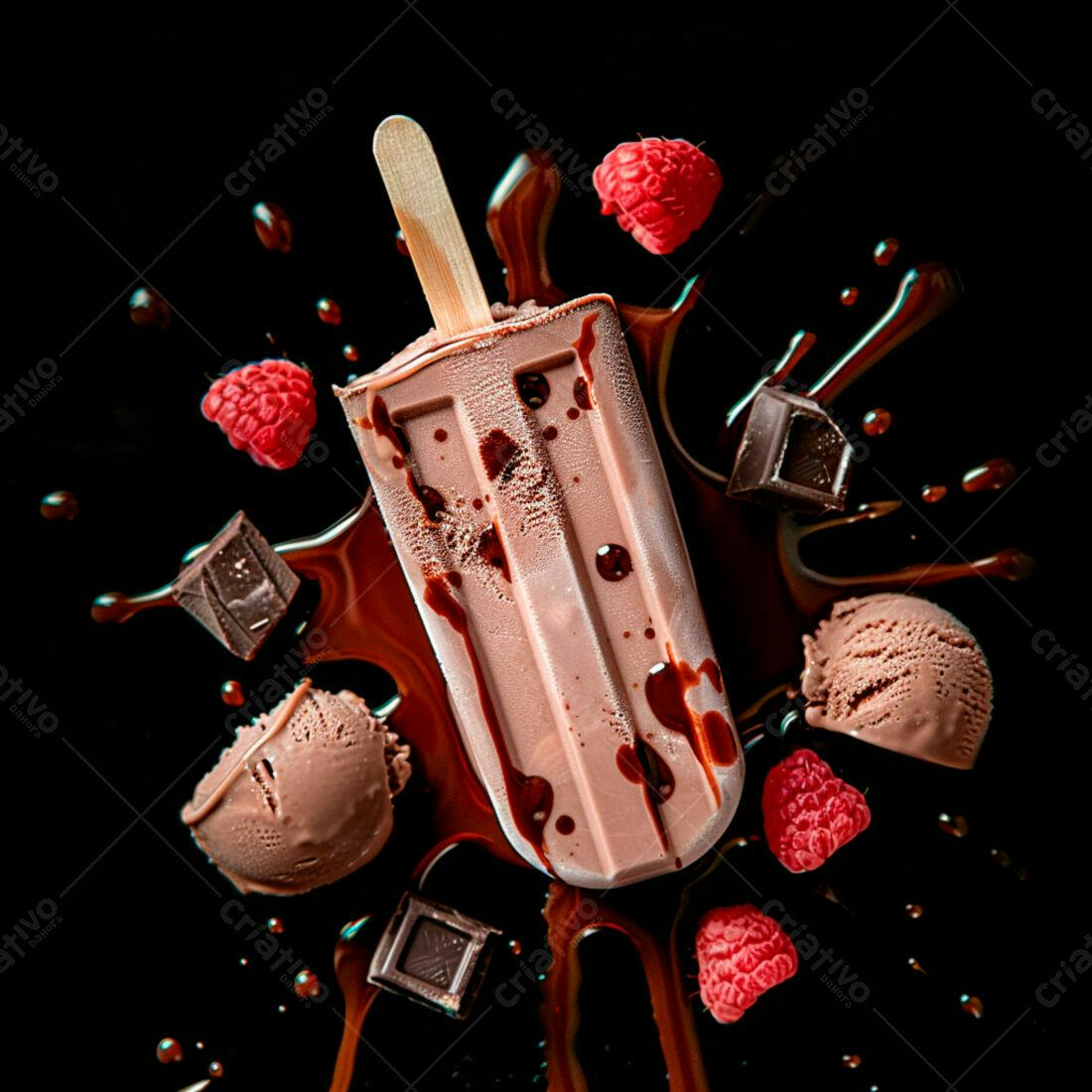 Picolé de chocolate com framboesas e sorvete