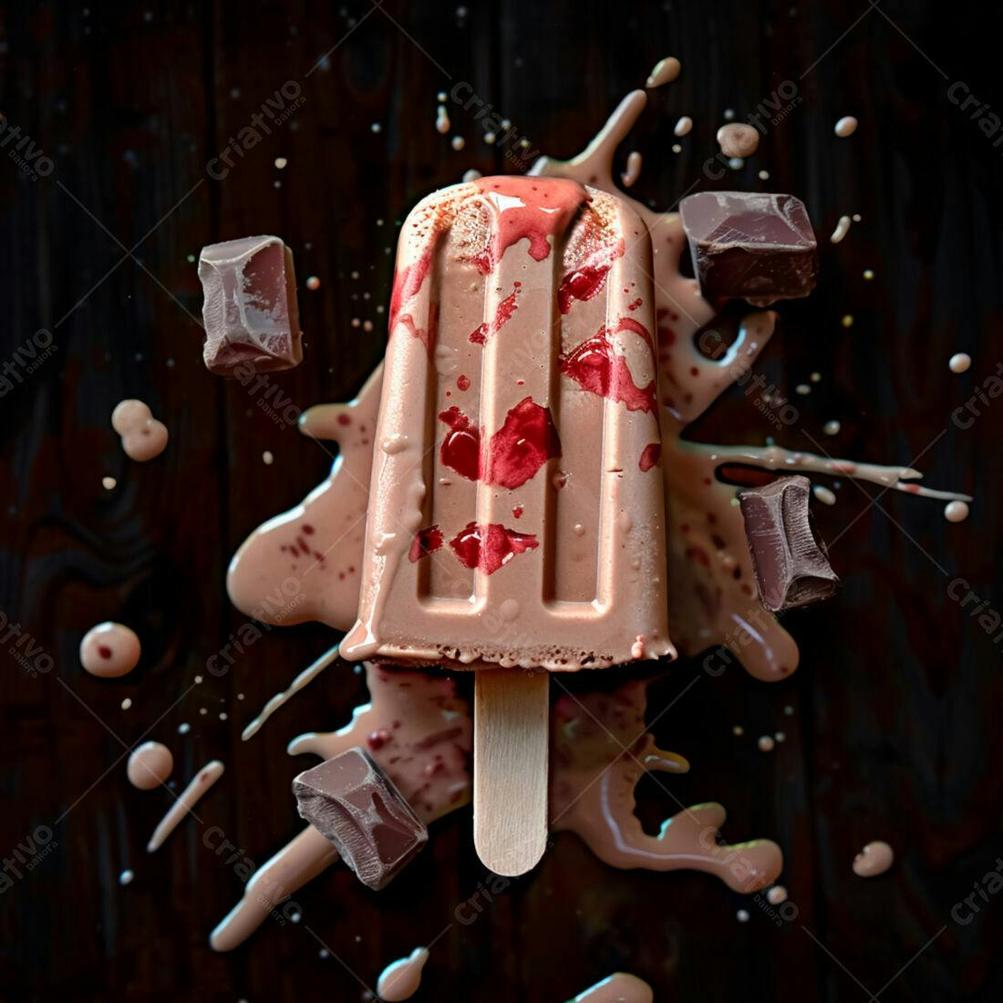 Picolé de chocolate derretido com pedaços de chocolate
