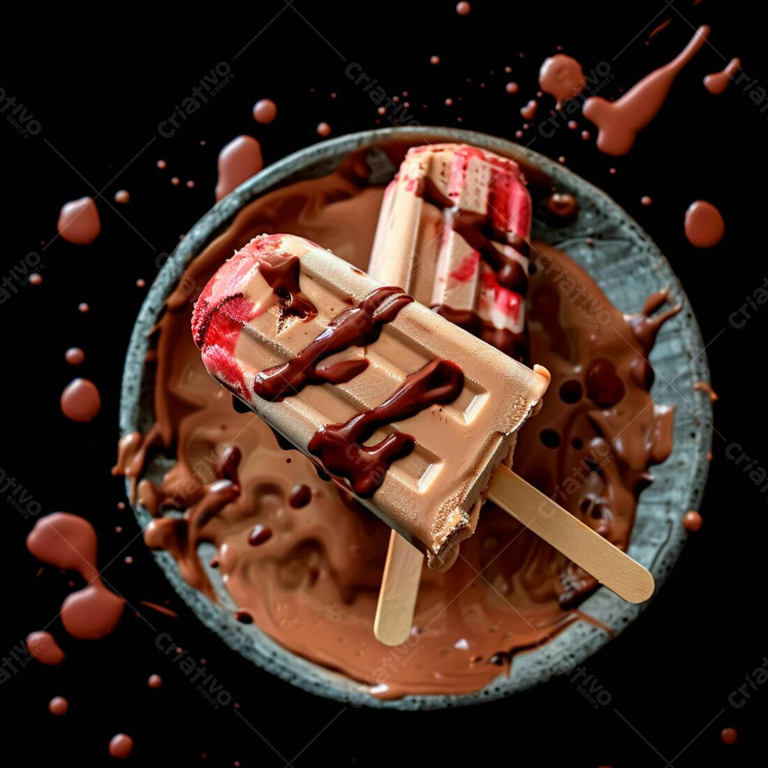 Picolés de chocolate e morango derretendo