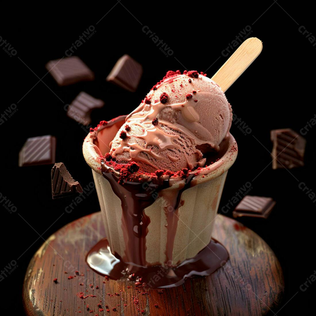 Sorvete de chocolate derretido em copinho