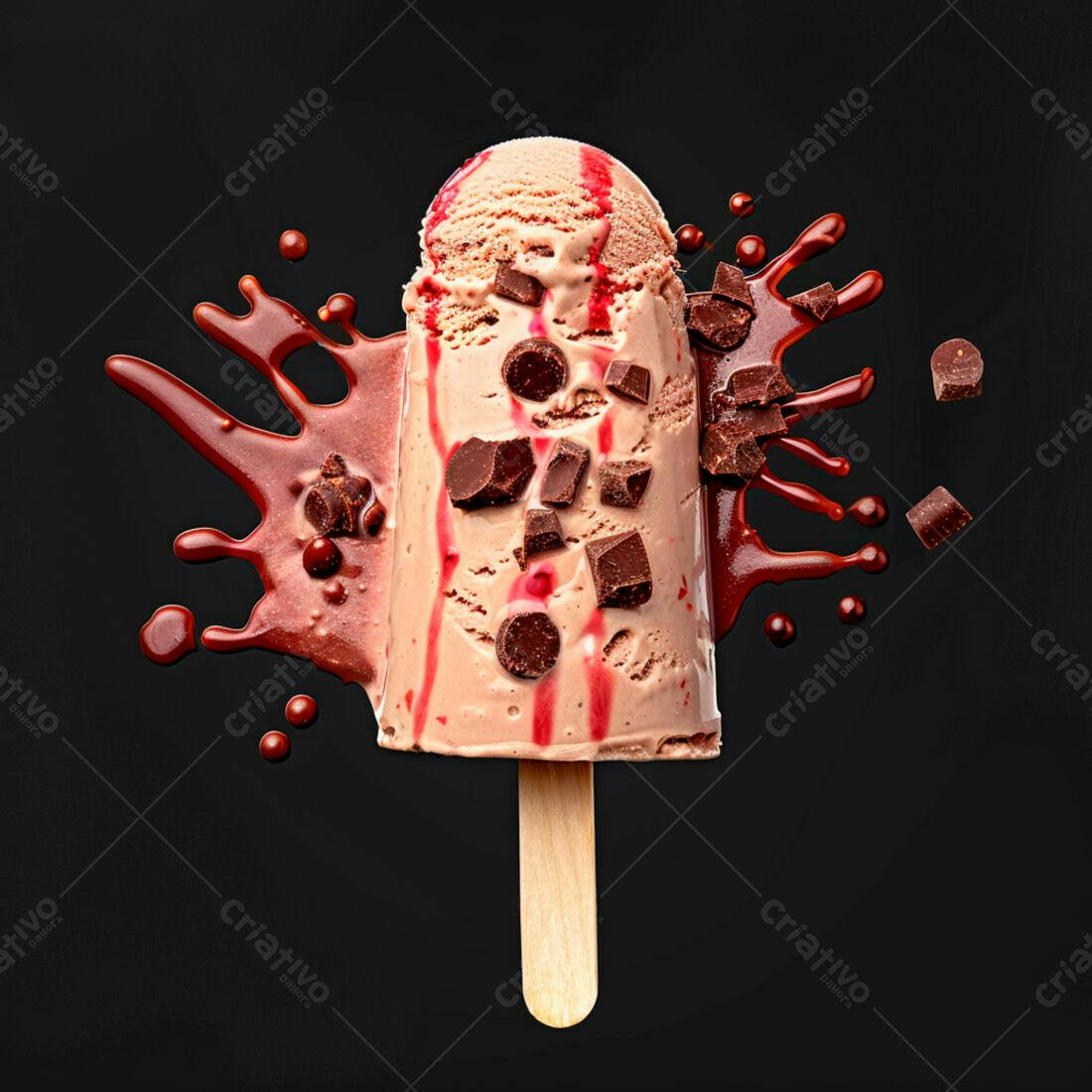 Picolé de Chocolate com calda e pedaços de chocolate