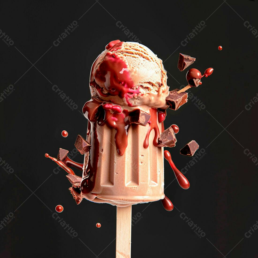 Picolé de chocolate com calda e pedaços de chocolate
