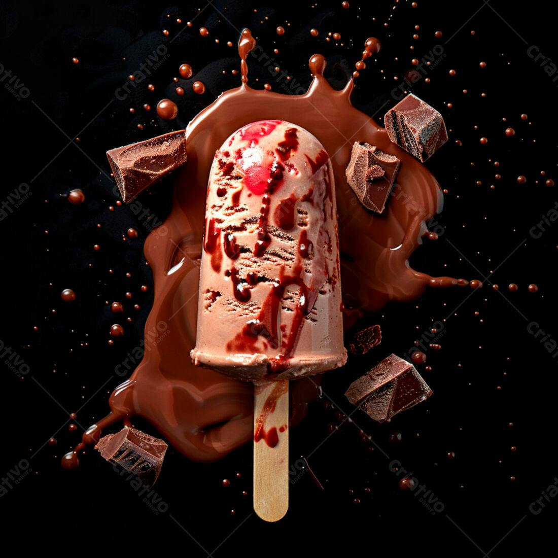 Picolé de chocolate com calda e pedaços de chocolate