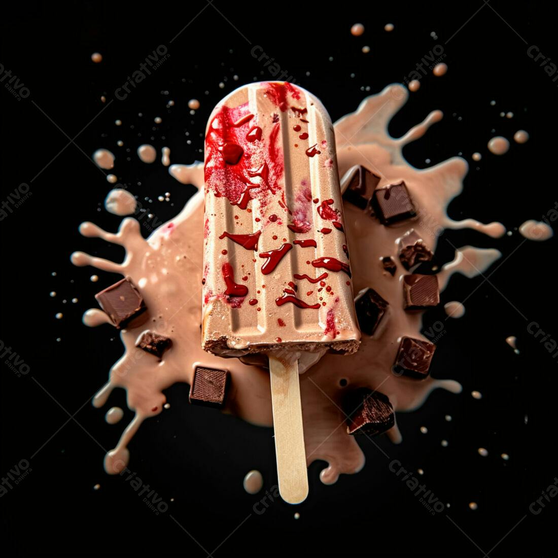 Picolé de chocolate com calda de morango derretido