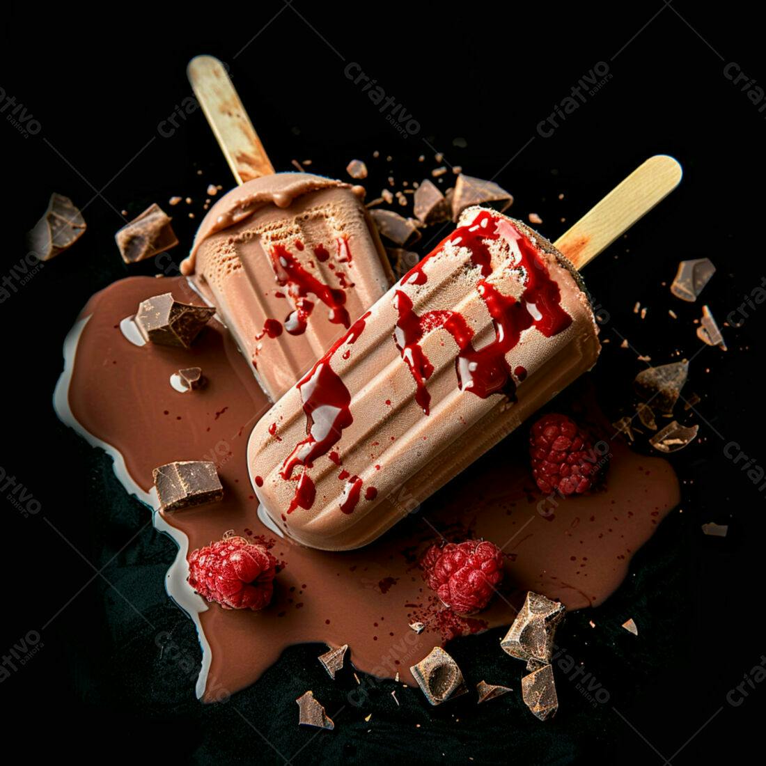 Picolés de chocolate com calda de framboesa