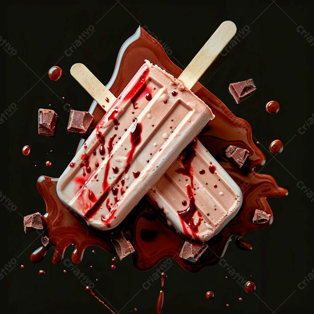 Picolés de chocolate com calda de frutas vermelhas