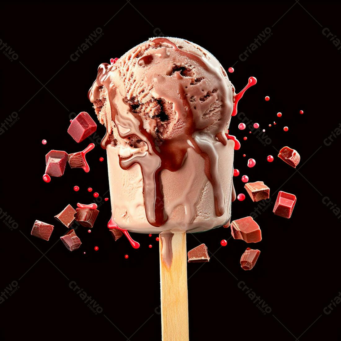 Sorvete de chocolate derretido com pedaços de chocolate