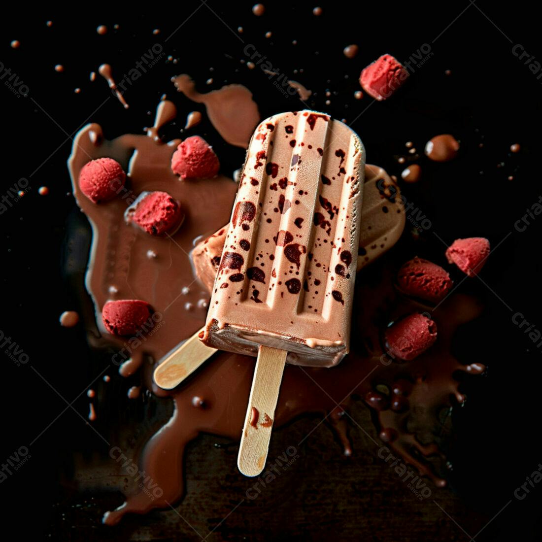 Picolés de chocolate com framboesas derretidos