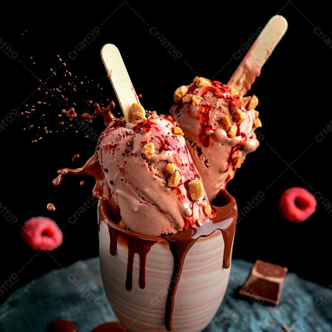 Picolés de chocolate com framboesa em calda