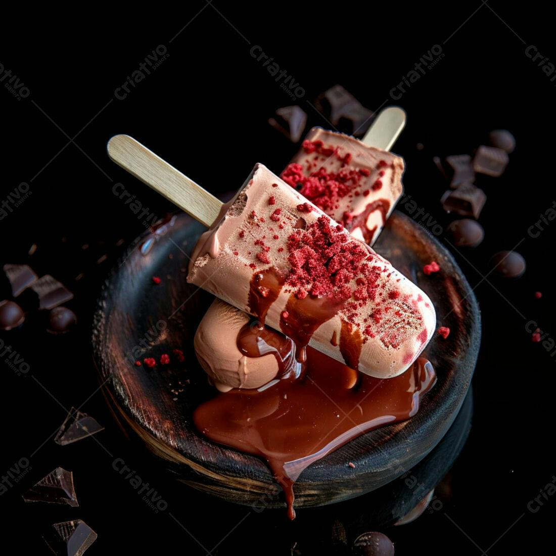 Picolés de chocolate com calda e raspas