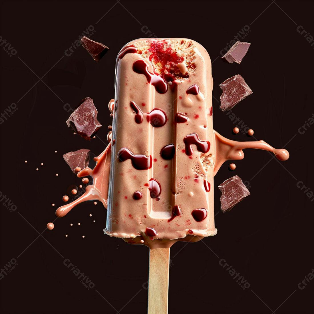 Picolé de chocolate com calda e pedaços de chocolate