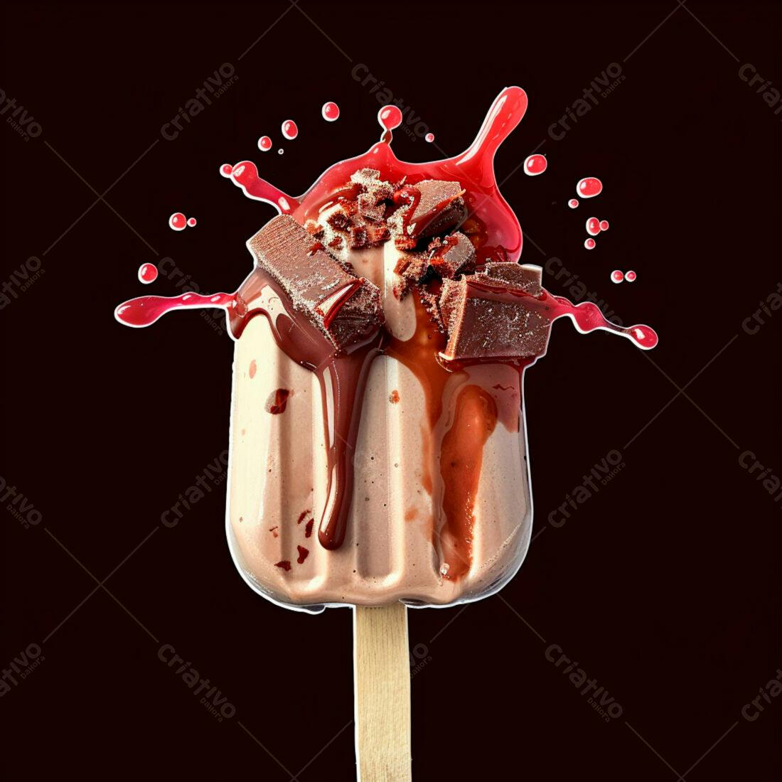 Picolé de chocolate com calda e pedaços de chocolate
