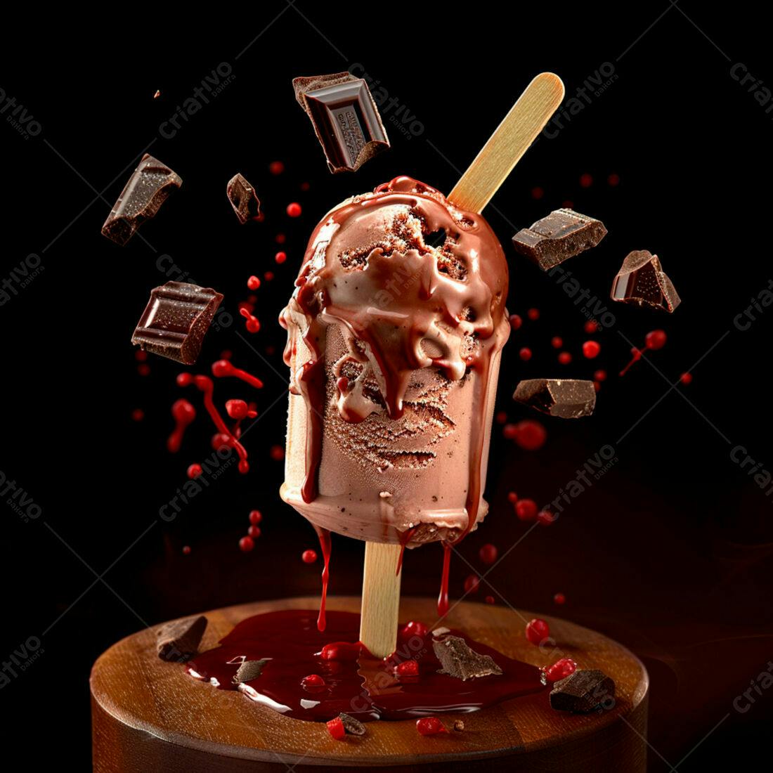 Picolé de chocolate derretido com pedaços de chocolate