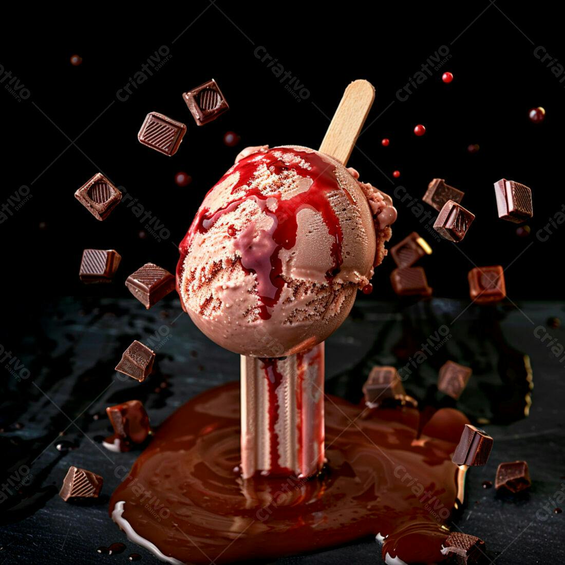 Sorvete de chocolate com calda e pedaços de chocolate