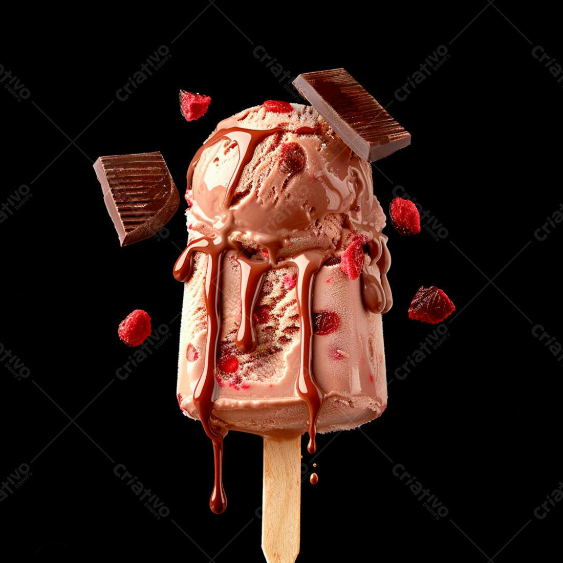Sorvete de chocolate com framboesa e calda