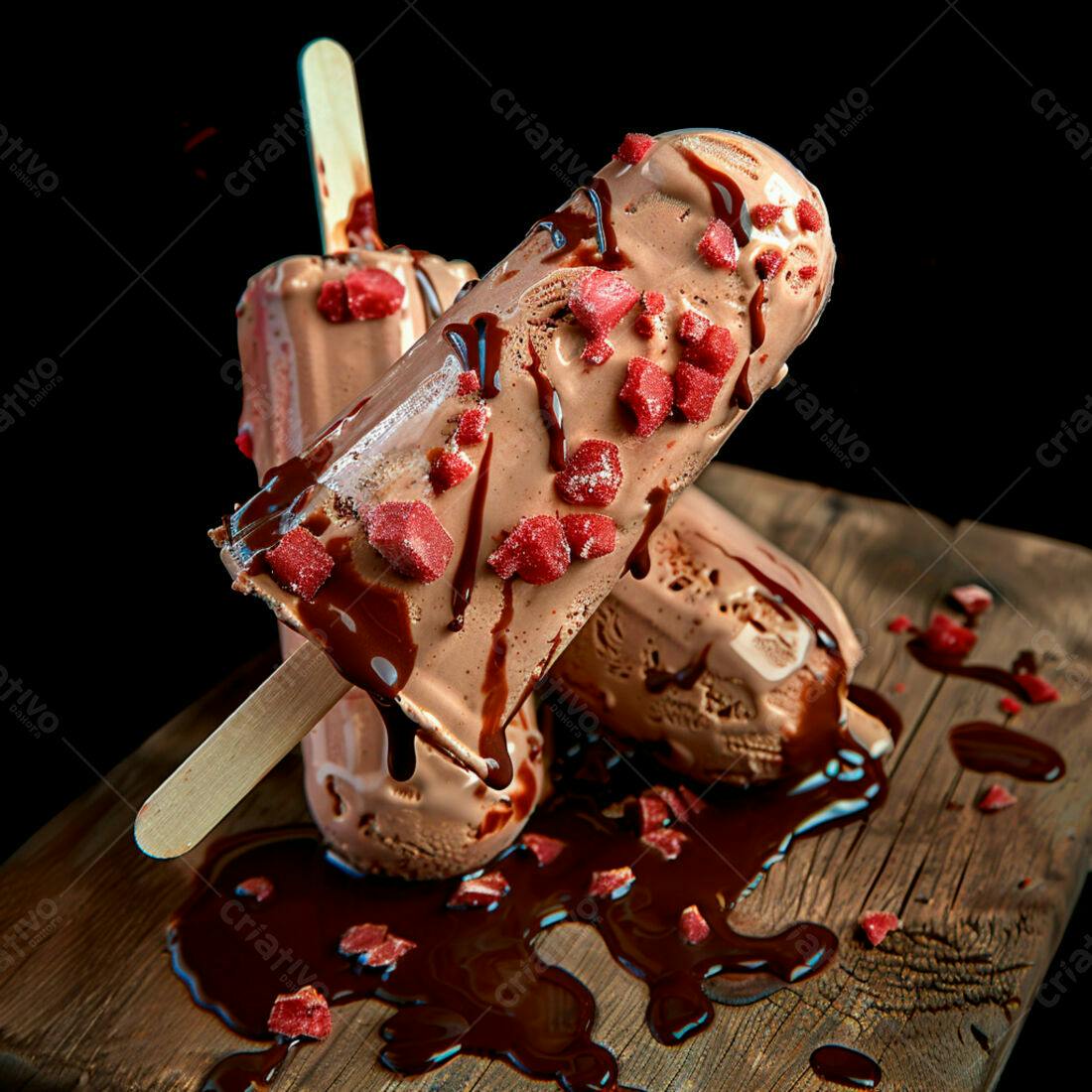 Picolés de chocolate com calda e pedaços de morango
