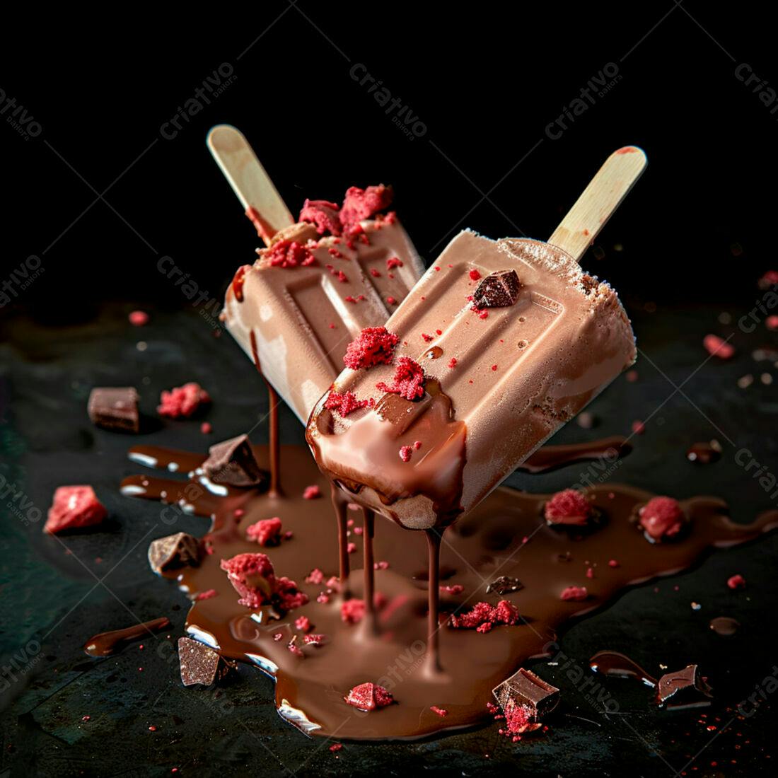 Picolés de chocolate derretendo com pedaços de chocolate