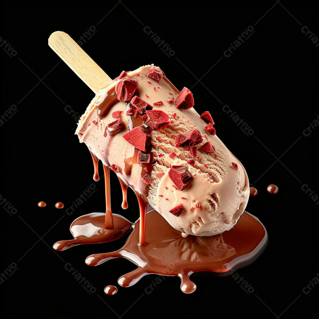 Picolé de chocolate com pedaços de morango