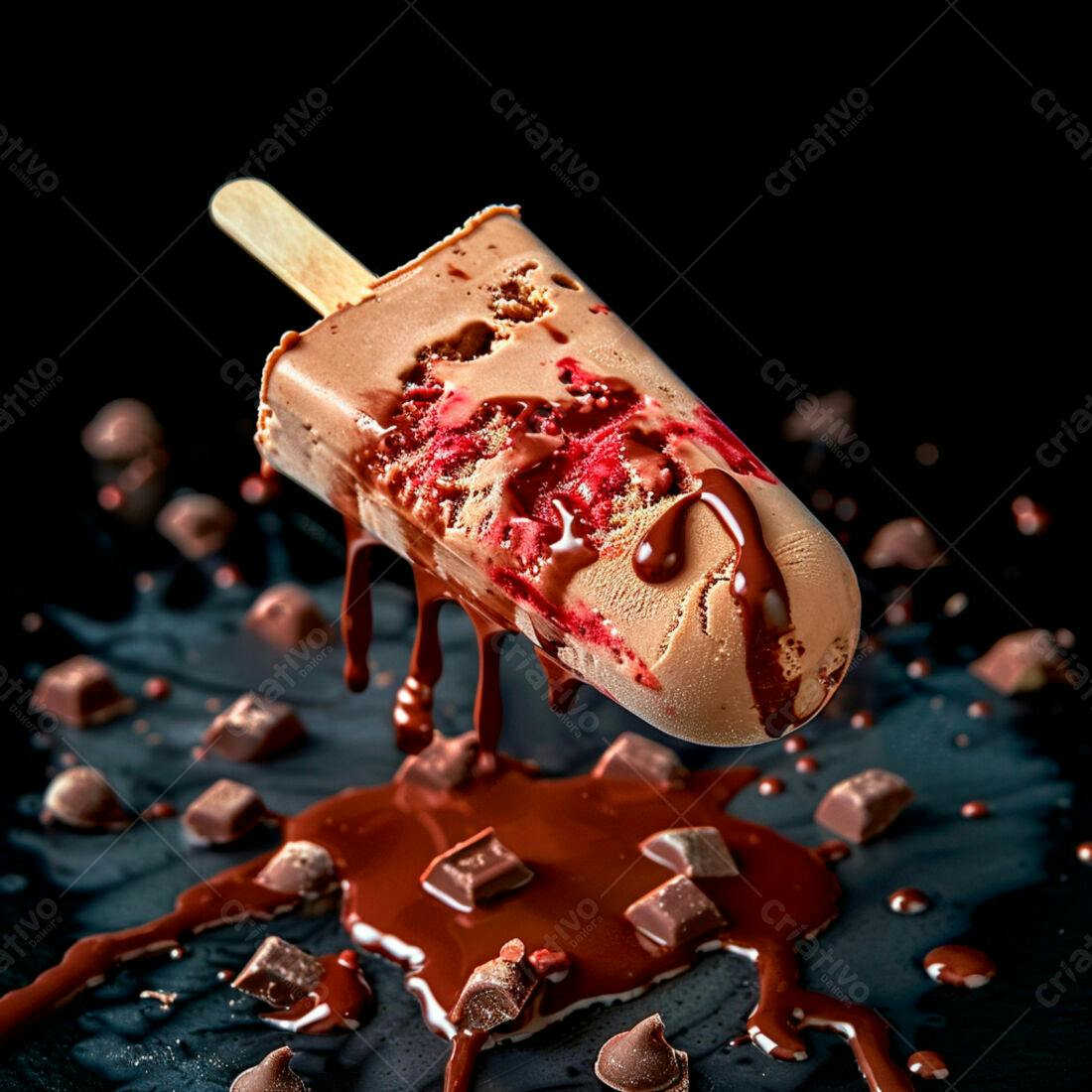 Picolé de chocolate derretido com pedaços de morango