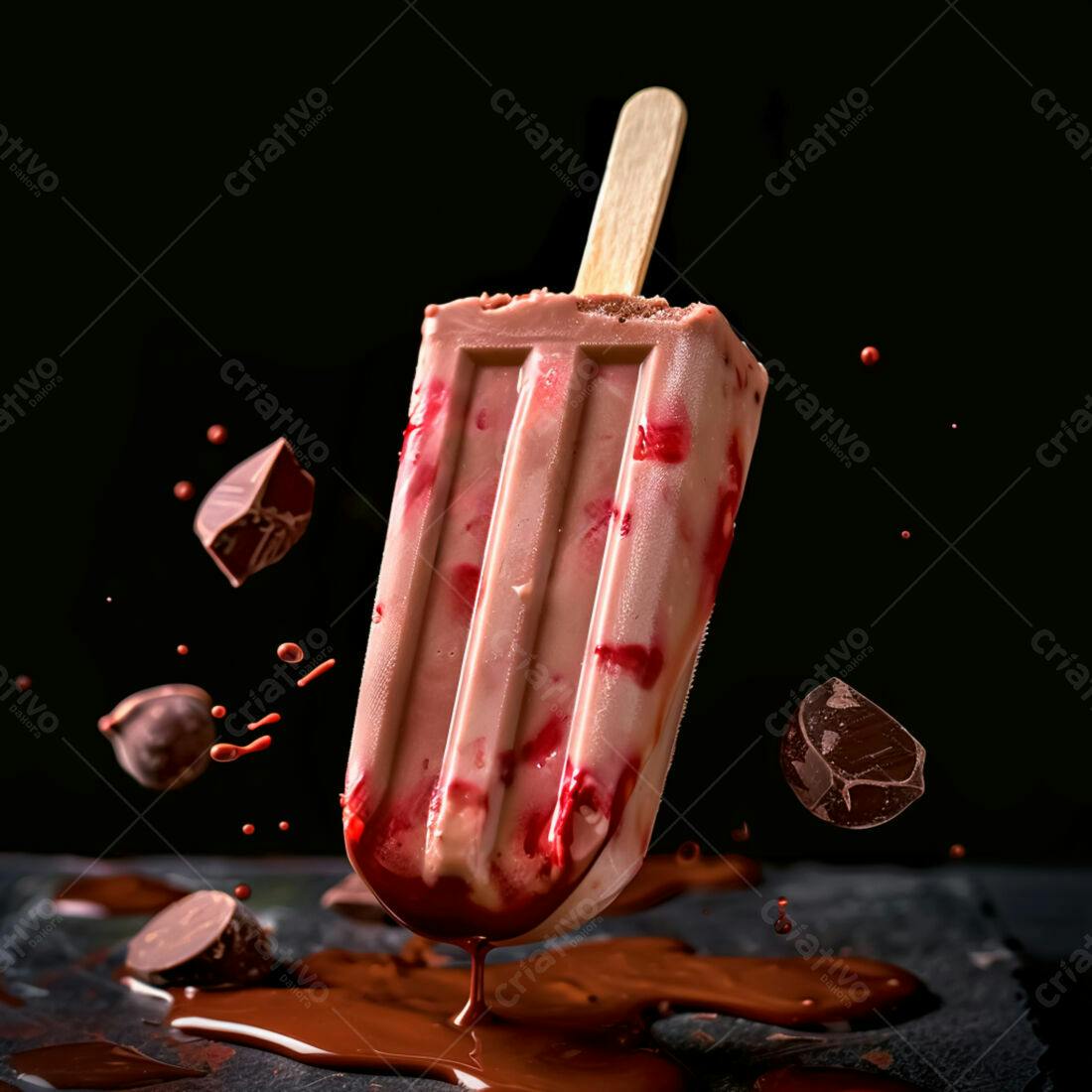 Picolé de chocolate com morango em queda